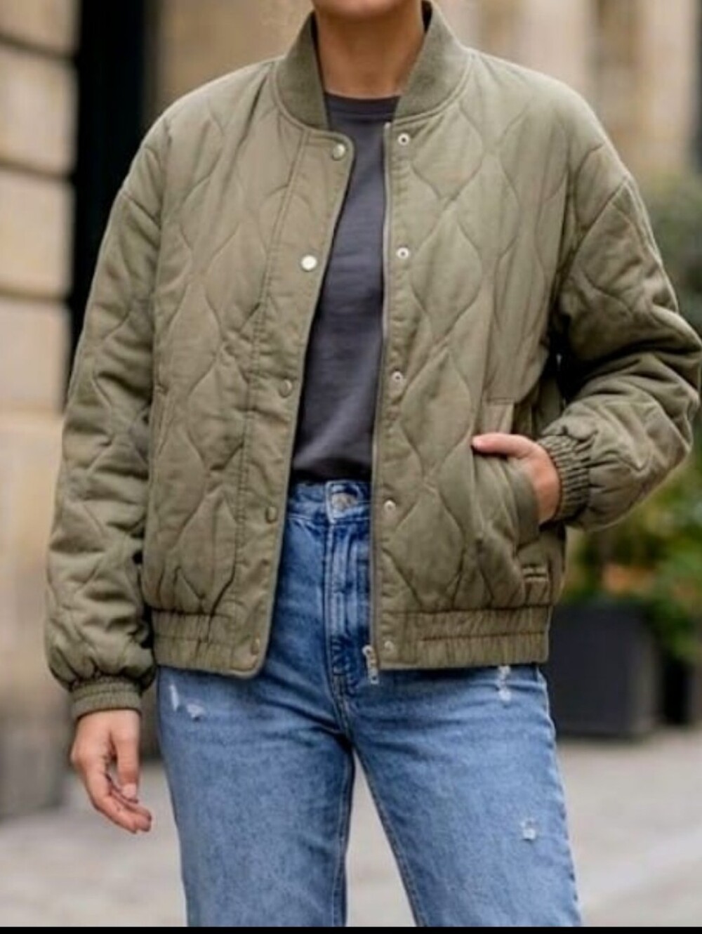 Noisy May Green Olive Quilted Bomber Jacket